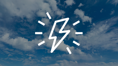 A white lightning bolt icon on a sky background. 